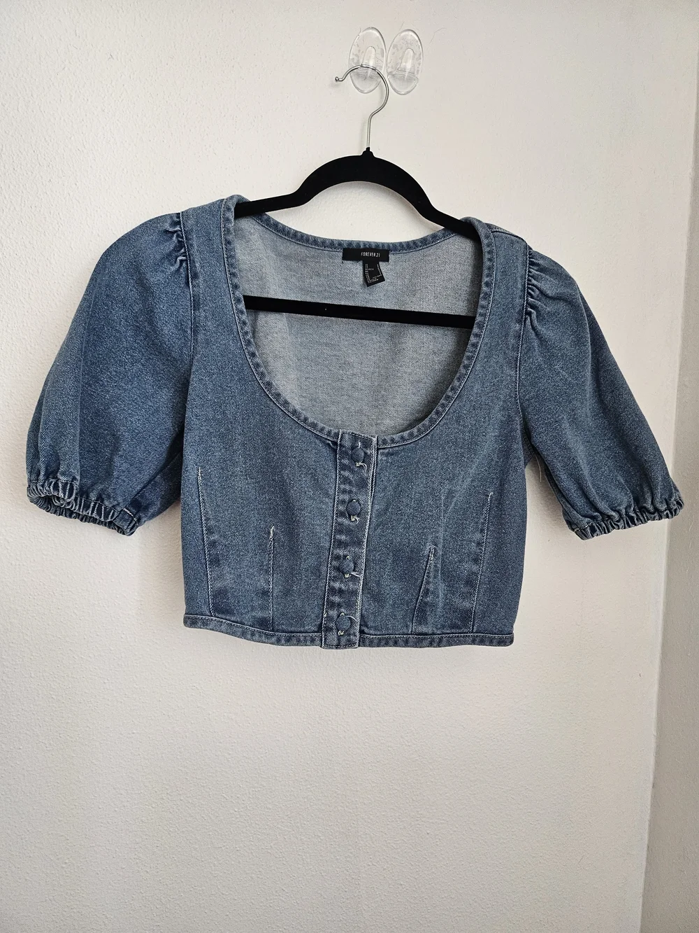 Forever 21 Blue Denim Puff-Sleeve Cropped Button-Front Top Sz S Festival Cowgirl - Picture 1 of 6